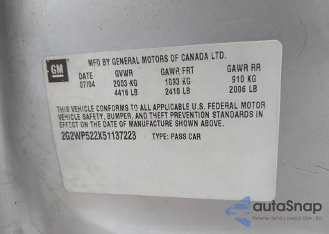 2005 Pontiac Grand Prix z USA, uszkodzony, nr VIN 2G2WP522X51137223